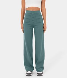 Women’s High Waisted Button Multiple Pockets Straight Leg Casual Pants - HALARA Celana Fashion, Casual Chique, Polyester Pants, Mode Design, Weave Style, Yoga Shorts, Straight Leg Trousers, Type Of Pants, Casual Trousers