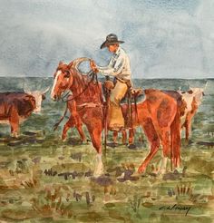 a painting of a man riding on the back of a brown horse next to cows