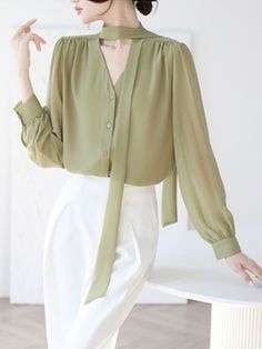 Zoki Korean Chiffon Lace Up Elegant Shirt Women Sexy V Neck Puff Sleeve Blouse Fashion Sweet Loose Elegant Solid Color Sheer Top, Elegant Sheer Solid Color Top, Trendy Solid Color Chiffon Blouse, Trendy Chiffon Blouse In Solid Color, Elegant Green Chiffon Blouse, Chiffon Blouse For Party, Elegant Green Chiffon Tops, Elegant Chiffon Puff Sleeve Tops, Feminine Solid Color Chiffon Blouse