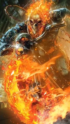 a man riding on the back of a motorcycle with flames coming out of his face