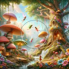 the fairy land is full of mushrooms and flowers