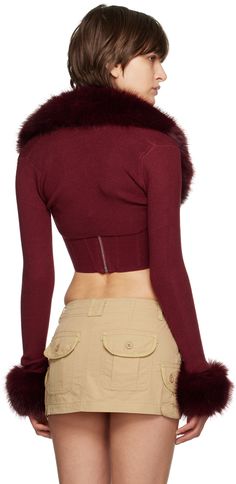 Rib knit viscose-blend bolero-style cardigan. · Open front · Detachable faux-fur trim at collar and cuffs · Cropped hem Supplier color: Maroon Faux Fur Bolero, Bolero Style, Danielle Guizio, Style Cardigan, Collar And Cuff, Fur Trim, Luxury Streetwear, Rib Knit, Faux Fur