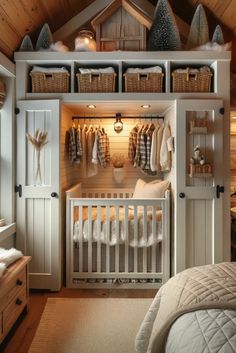 a baby's crib in the corner of a room next to a bed