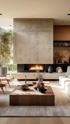 modern living room with fireplace and white furniture