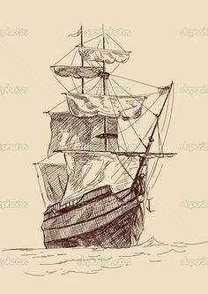 an old sailing ship in the sea with sails drawn by hand on beige background stockvector