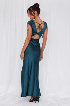 Length from shoulder to hem of size S: 143cm.  Chest: 39cm, Waist: 34cm, across front only of size S.  Maxi dress.  Lined.  Model is a standard XS and is wearing size XS.  True to size.  Non-stretch.  Luxurious satin.  High cowl neckline.  Cap sleeve.  Tie to back.  Twist back with cutout.  Split to skirt.  Straight, flowy silhouette.  Zipper with hook eye closure.  Cold hand wash only.  Polyester.   This material is very delicate. Please handle with care.    Please Note: This product is a Hello Molly Exclusive.    Step into a world of enchantment with Hello Molly's newest bridesmaid collection, Wedding Parlour.  Introducing a captivating style, designed with a high cowl neckline and delicate cap sleeves, evoking timeless elegance and femininity. The tie-back feature adds a charming touch, Candy Dress, Skirt Straight, Low Neckline, Purple Mini Dresses, Teal Dress, Maxi Dress Wedding, Lace Neckline, Satin Maxi, Cowl Neckline