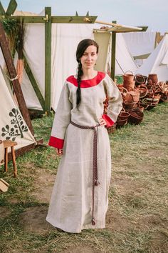 Early medieval linen dress is universal for the Vikings and Slavs or any others reenactors. Based on medieval iconography and archaeological finds from Europe. The dress has 2 gores on both sides. Tapered sleeves, loose and comfortable. The dress is decorated at the neckline and sleeves with the decorative hems (made of linen).  The historical pattern - an important element when playing historical realities. The offer includes only a linen dress. All other elements visible in the photo are not i Medieval Iconography, Medieval Garb, Womens Costumes, Best Iron, Early Medieval, Historical Women, Historical Reenactment, Viking Woman, Archaeological Finds