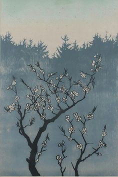 a painting of a tree with white flowers on it's branches in front of some trees