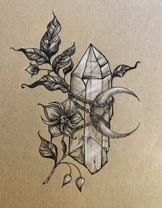 a drawing of a piece of art with flowers and leaves on the bottom half of it