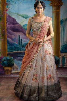 Tissue Silk Lehenga, Studio 149, Traditional Half Saree, Lehenga Outfits, Half Sari, Traditional Dressing, Silk Dress Design, Hand Embroidered Blouse, Lehenga Saree Design