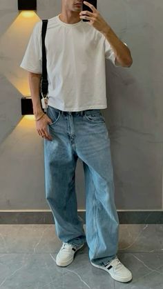 Trendy Boys Outfit 2024, Small Top Big Pants Outfit Men, Clean Guy Outfits, Men Stockholm Style, Fall Aesthetic Outfit Men, Basic Mens Outfits, Cool Guy Style, Mens Spring Outfit, Denim Summer Outfits