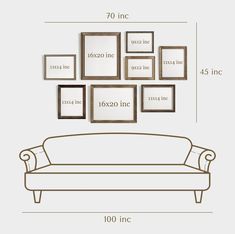 a drawing of a couch with pictures on the wall above it and measurements for each piece