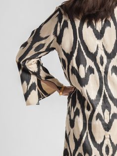 Fergana Silk Caftan Duster | Elysian by Emily Morrison. Elegant Tunic Kaftan, Elegant Fitted Tunic Kaftan, Long Silk Fitted Kaftan, Elegant Kaftan With Bell Sleeves, Fitted Silk Long Kaftan, Fitted Long Silk Kaftan, Chic Long Sleeve Silk Kaftan, Elegant Silk Long Sleeve Tunic, Elegant Long Sleeve Silk Tunic