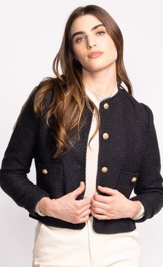 The Vera Jacket is super chic, featuring a textured fabric and elegant gold button closure. Perfect for adding a touch of sophistication to any outfit. Material: 100% Polyester Front button closure Front pockets Model is wearing size XS Elegant Office Outerwear With Gold Buttons, Chic Formal Outerwear With Gold Buttons, Tailored Outerwear With Gold Buttons For Fall, Elegant Fall Outerwear With Gold Buttons, Tailored Winter Outerwear With Gold Buttons, Chic Fall Blazer With Gold Buttons, Chic Winter Blazer With Covered Buttons, Tailored Black Outerwear With Gold Buttons, Chic Black Blazer With Covered Buttons