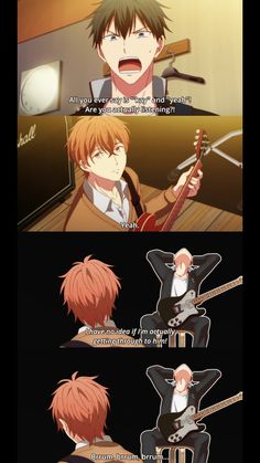 two anime characters, one is playing guitar and the other is singing