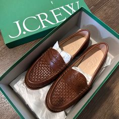 J. Crew Woven Italian Leather Loafers Italian Leather Upper. Leather Lining. Man-Made Sole. Made In Morocco Classic Brown Flat Loafers, Flats With Woven Sole And Round Toe For Work, Round Toe Flats With Woven Sole For Workwear, Workwear Flats With Woven Sole And Round Toe, Classic Loafers With Woven Sole, Classic Loafers With Woven Sole And Flat Heel, Classic Leather Flats With Woven Sole, Workwear Almond Toe Loafers With Woven Sole, Brown Flats With Rubber Sole For Business Casual