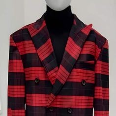 6 Button Double Breasted Peak Lapel Plaid Pattern One Chest Pocket Two Flap Front Pockets Color: Red ~ Black Herringbone Overcoat, Red Overcoat, Black And Red Suit, Plaid Overcoat, Olive Green Suit, Khaki Suits, Black Pinstripe Suit, Grey Pinstripe Suit, Grey Overcoat