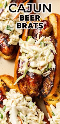 a close up of some food on a plate with the words cajun beer brats