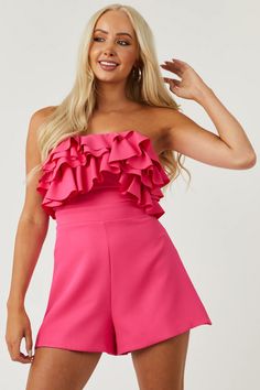 Hot Pink Strapless Ruffle Bodice Woven Romper | Lime Lush Dress Grad, Senior Outfits, Formal Romper, Sorority Recruitment Outfits, Derby Outfits, Lime Lush, Ruched Mini Dress, Concert Fits, Ruffle Romper