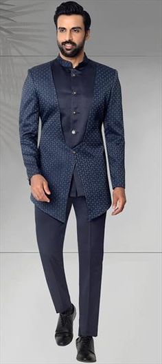 Blue color Jodhpuri Suit in Rayon fabric with Thread work Traditional Blue Lawn Suit For Formal Occasions, Traditional Blue Unstitched Suit For Formal Occasions, Traditional Blue Unstitched Suit For Formal, Unstitched Blue Suit For Formal Occasions, Blue Unstitched Suit For Formal Occasions, Blue Cotton Bandhgala For Eid, Blue Unstitched Festive Suit, Traditional Blue Festive Suits, Traditional Blue Suits With Zari Work