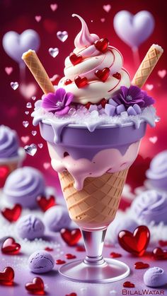 an ice cream sundae with hearts floating around