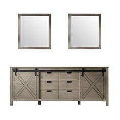 a bathroom vanity with two mirrors above it and drawers below the mirror is a sliding door