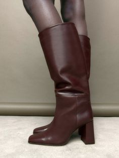 Vanessas 2023 Women Knee High Boots Square Toe Genuine Leather Long Boots - Wine Red(HH),8 Leather Long Boots, Square Boots, Women Knee High Boots, Long Leather Boots, Casual High Heels, Boots Square Toe, Square Toe Boots, Red Boots, Black Knees