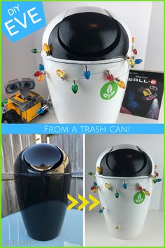 the trash can has been decorated with colorful beads and magnets on it's lid