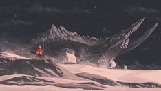 a man standing on top of a snow covered mountain next to a giant monster head