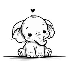 an elephant sitting on the ground with a heart above it's head, in black and white