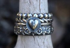 Stacking Ring Set Sterling Silver Stacking Rings Sterling Silver Ring Silver Stacking Ring Set Heart Stacking Rings Silver, Mushroom Ring, Mushroom Jewelry, Sterling Silver Stacking Rings, Silver Heart Ring, Daisy Ring, Stacking Ring Set, Nature Ring, Rings Silver