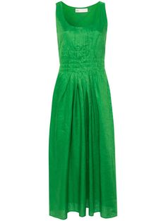 forest green linen/flax slub texture pleat detailing scoop neck sleeveless flared side slits full lining concealed side zip fastening Tank Dresses, Tory Burch Dress, Versace Outfit, Water Consumption, Harmful Chemicals, Environmental Impact, Linen Dress, Tank Dress, Production Process