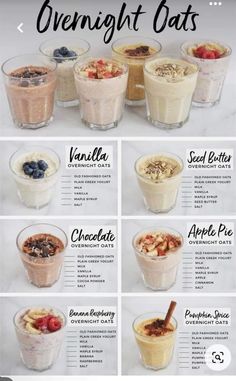 the ingredients for overnight oatmeal are shown in this recipe chart, which includes different