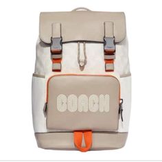 Questions? Leave A Comment Below! White Leather Backpack With Dust Bag, Designer Rectangular Coach Backpack, Designer Coach Rectangular Backpack, White Coach Backpack For Travel, White Leather Backpack For On-the-go, Modern White Rectangular Backpack, Modern White Bags With Leather Trim, Designer White Travel Backpack, Designer White Backpack For Travel