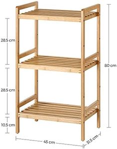 a wooden shelf with two shelves and measurements