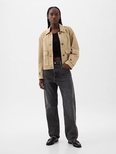 Relaxed Utility Jacket | Gap Unstructured Khaki Utility Jacket, Collared Winter Utility Jacket, Relaxed Fit, Tan Jacket Outfit, Khaki Jacket Outfit, Relaxed Fit Cotton Button-up Utility Jacket, Khaki Relaxed Fit Single-breasted Utility Jacket, Urban Long-sleeved Utility Jacket With Button Closure, Utility Jacket Outfit, Cotton Twill Jacket