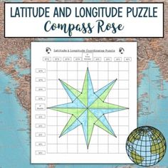 a map with a compass on it and the words latitude and longtude puzzle compass rose