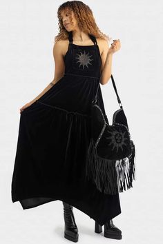 Ascended Maxi Pinafore Dress | Killstar Witchy Dresses, Sun Embroidery, Crochet Girls, Dresses Xxl, Super Cute Dresses, Pinafore Dress, Rising Sun, Alternative Outfits, Soft Velvet