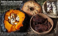 an advertisement for native foods november is shown in this image, with pumpkins and corn on the cob