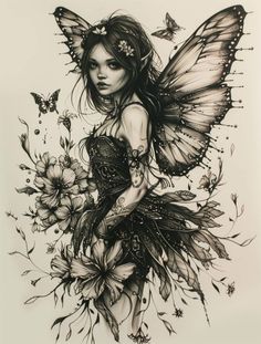 a black and white drawing of a girl with butterflies on her wings, holding flowers