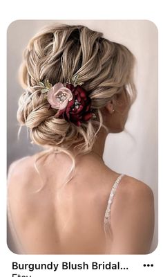 the back of a woman's head with flowers in her hair, and text that reads burgundy blush bridal