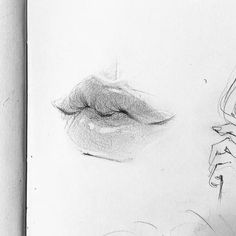 a pencil drawing of a woman's lips and nose with her hand on the lip