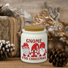 gnomes for christmas candy jar with pine cones