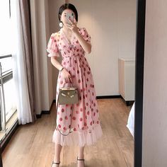 FREE SHIPPING Strawberry Mid Length Party Dress Whit Belt OUT0938 Strawberry Dress, Cute Casual Dresses, Looks Party, Pink Midi Dress, Patchwork Dress, Dress Gift, Mid Length Dresses, Printed Midi Dress, American Women