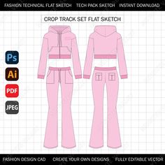 Y2K Track Suit Set Crop Flare Pant Mock Up for Fashion Design Tech Pack Technical Flat Sketch CAD Ai Editable Vector Template Y2k Track Suit Set Flat Sketch Front and back view of a Cropped Y2K Track Suit. The file is easily editable with colors or patterns. This sketch is great for any fashion design and development, tech packs, mock ups, line sheets and factory spec sheets. Included in the digital download are (3) files: - Adobe Illustrator file (.Ai) - Adobe PDF file (.PDF) - Black and White Clothes Mockup Free, Clothing Branding Design, Clothing Templates, Design Tech, Fashion Design Template, Clothing Sketches, Cropped Flare Pants, Crop Flare, Flat Sketches