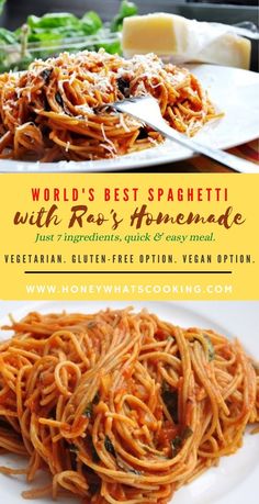 spaghetti on a plate with the words world's best spaghetti with raw honeyde