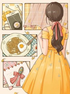 a girl in yellow dress looking at food on plate with an egg and other things around her