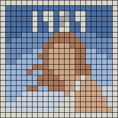 a cross stitch pattern with a woman's face in the middle and blue sky behind it