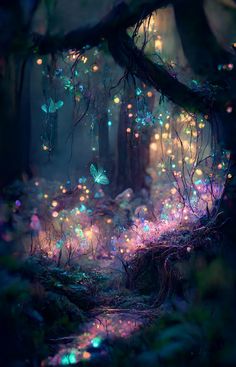 a forest filled with lots of colorful lights and butterflies flying over the ground in front of trees