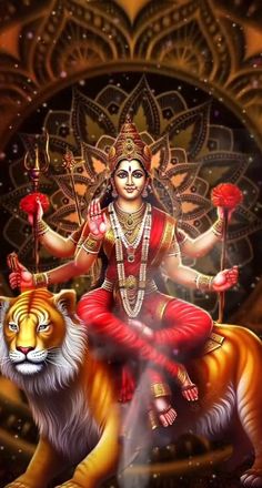 the hindu goddess sitting on top of a tiger